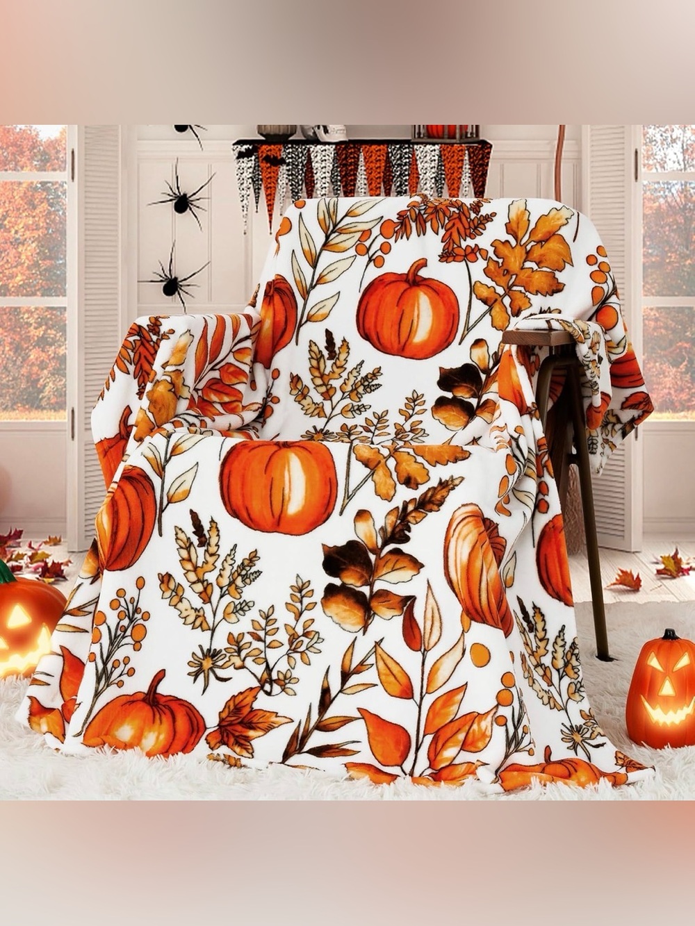 NWT Halloween Throw Blanket Fall Fuzzy Fluffy Cozy Soft Pumpkin Leaves